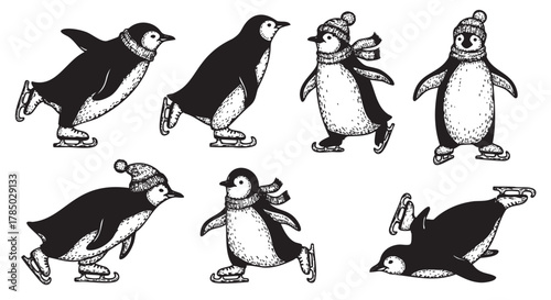 Black and white illustrated penguins wearing winter hats and scarves, joyfully ice skating in various poses.