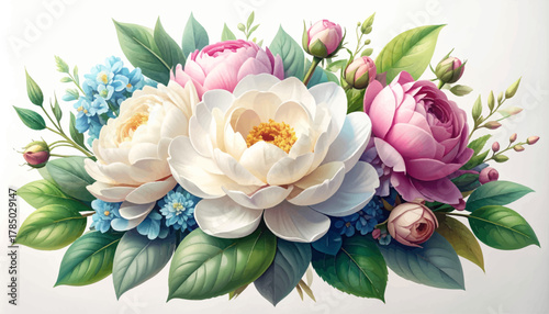 White peonies bloom with pastel roses. Soft peony rose bouquet in fresh hues. Elegant pastel florals with green leaves. Romantic peony cluster in gentle tones. Fresh pastel flowers forming lush design