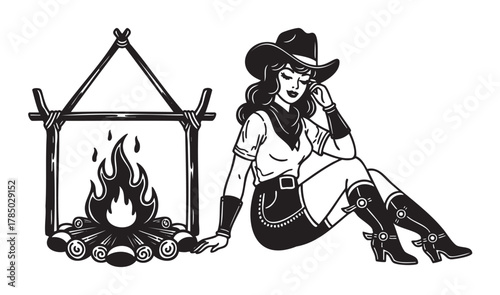 Black and white illustration of a female cowgirl sitting by a campfire, wearing a cowboy hat and boots, featuring a balanced composition with a rustic aesthetic.