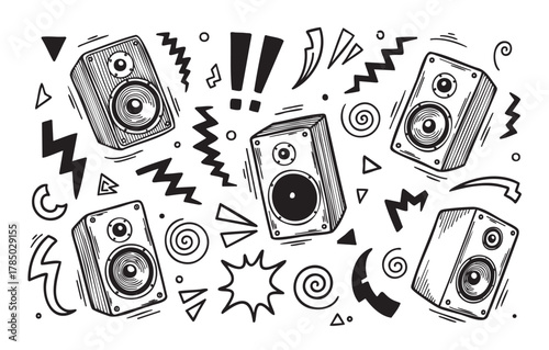 Hand-drawn sketch of multiple rectangular speakers surrounded by dynamic, abstract shapes and symbols, indicating sound and music themes.