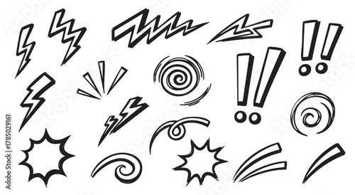 Black outline vector icons of various comic style symbols including exclamation marks, spirals, and lightning bolts, emphasizing dynamic motion.