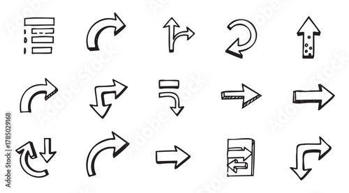 Hand-drawn set of various arrow icons in different shapes and orientations on a plain white background.
