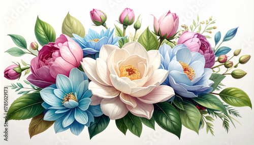 Pastel peonies in lush mixed bouquet. Elegant pastel florals with bright greens. Romantic floral cluster with blue accents. Fresh peony mix blooming in soft palette. Gentle pastel bouquet