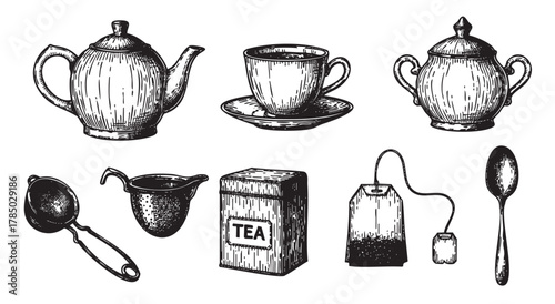 Detailed black and white sketch of a tea set, including a teapot, cup with saucer, sugar bowl, tea strainer, milk jug, tea box, teabag, and spoon.