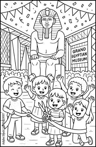 hand drawn vector illustration of Grand Egyptian Museum coloring page for kids