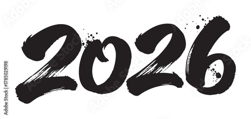Bold black ink brush numbers forming "2026" with artistic splatters emanating from each digit.