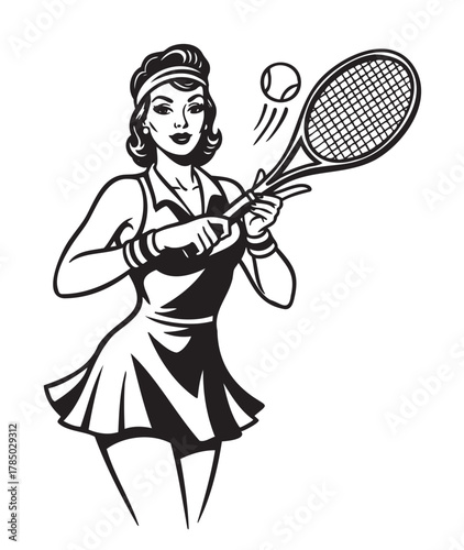 Black and white retro-style drawing of a female tennis player with a racket and ball, wearing a headband and a skirt, poised to hit the ball.