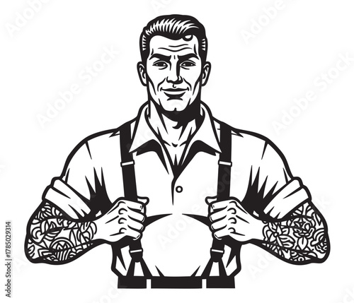 Black and white stylized illustration of a tattooed male with suspenders and a confident expression, wearing a collared shirt.