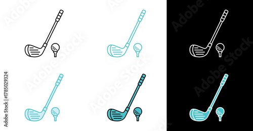 Club and tee ball icon for golf training and tournaments in line and fill style