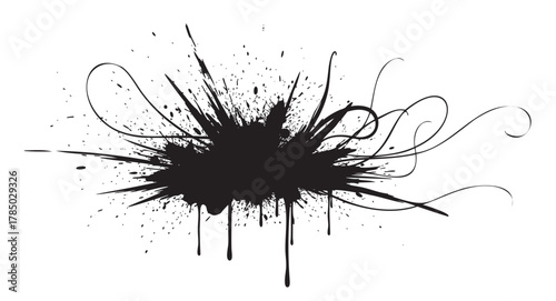 Abstract black ink splatter with swirling lines and drips, creating a dynamic and energetic composition.