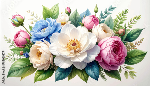 White peony bouquet with pastel accents. Romantic pastel florals with fresh leaves. Soft floral cluster in elegant garden style. Mixed pastels arranged in lush bouquet. Fresh peonies blooming