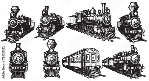 Black and white illustration of various vintage steam locomotives and a classic train on tracks, showcasing intricate details and historical design elements.