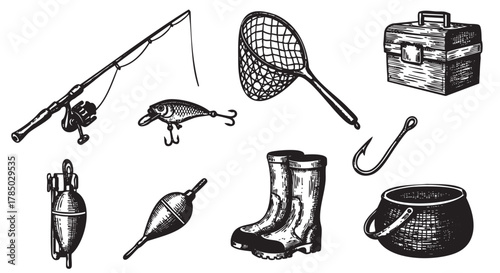 Black and white illustration featuring various fishing equipment including a rod, net, tackle box, boots, lure, hook, weights, and bobbers.