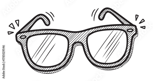 Simple black and white sketch of stylish eyeglasses with a rectangular frame and decorative movement lines, indicating a sense of dynamic energy.