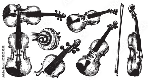Black and white sketch of various violins and bows with intricate details and diverse angles.