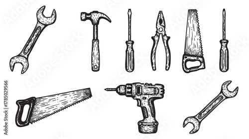 Black and white sketch of various hand tools including a wrench, hammer, screwdriver, pliers, saw, and a power drill.