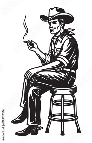 Black and white illustration of a male figure wearing a cowboy hat and smoking while sitting on a wooden stool.