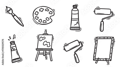 Hand-drawn black outline icons of various art supplies including a brush, palette, paint tubes, roller, easel, and canvas.
