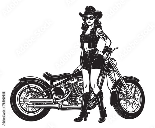 Caucasian female wearing a cowboy hat and sunglasses, standing confidently with her hand on the seat of a vintage motorcycle.