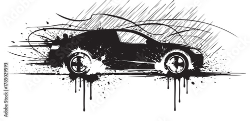 Black silhouette of a sports car in motion with dynamic lines and splatter effects, conveying speed and power.