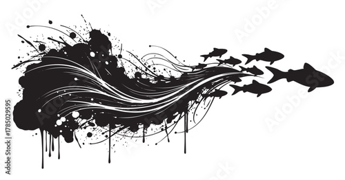Abstract black ink splatter artwork featuring a dynamic wave flowing into a school of fish, showcasing movement and contrast.