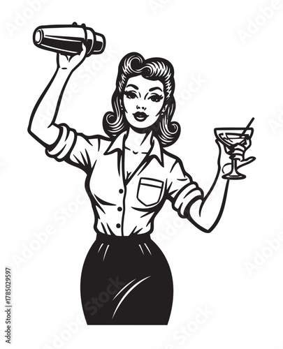 Retro-style black and white drawing of a young caucasian female bartender holding a cocktail shaker and a martini glass, showcasing classic elegance.