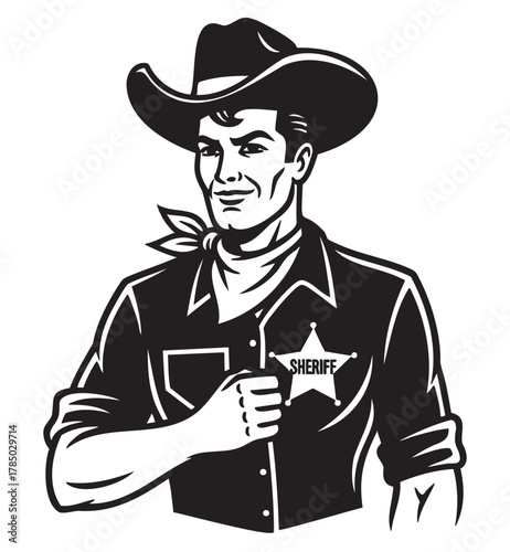 Black and white illustration of a confident male sheriff wearing a cowboy hat, with a badge on his chest, symbolizing authority and law enforcement.