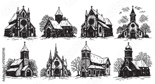 Black and white detailed sketches of various gothic churches with intricate architectural elements and trees nearby.