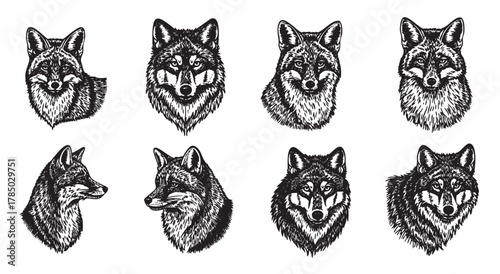 Black and white hand-drawn illustrations of eight different wolf heads, showcasing various angles and expressions in detailed line art.