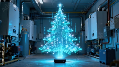 A matte black device projects a large ethereal blue holographic Christmas tree with shimmering data particles inside a modern industrial boiler plant, creating a striking high-tech holiday scene