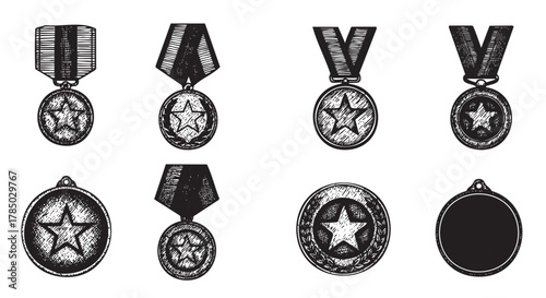 Black outline icons of star medals with ribbons in various designs, emphasizing achievement and honor in a linear illustration style.