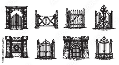 Eight intricately designed wrought iron gates and fences, showcasing a variety of architectural styles in detailed black and white illustrations.