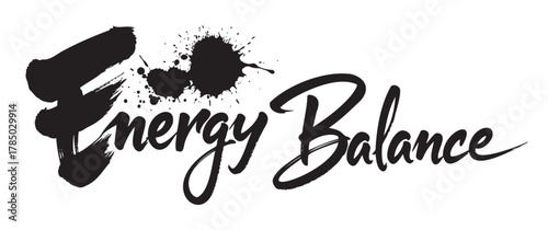 Bold black ink letters spelling "energy balance" with dynamic splashes, conveying movement and vitality.