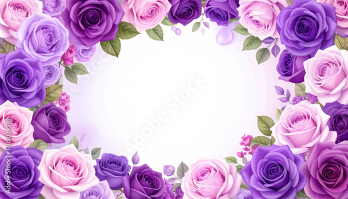 Purple pink rose frame with soft blooms. Elegant floral border in pastel tones. Romantic roses framing bright center. Blossom frame with vivid roses. Pastel purple bouquet surrounds space