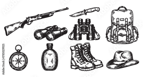Detailed black and white illustrations of outdoor adventure gear including a rifle, knife, binoculars, backpack, compass, canteen, boots, and hat.