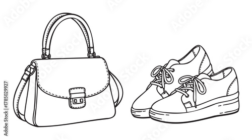 Black and white line drawing of a stylish handbag and a pair of lace-up platform shoes.