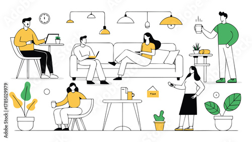 Architectural-themed vector illustration featuring various people engaged in discussions and activities related to design..eps