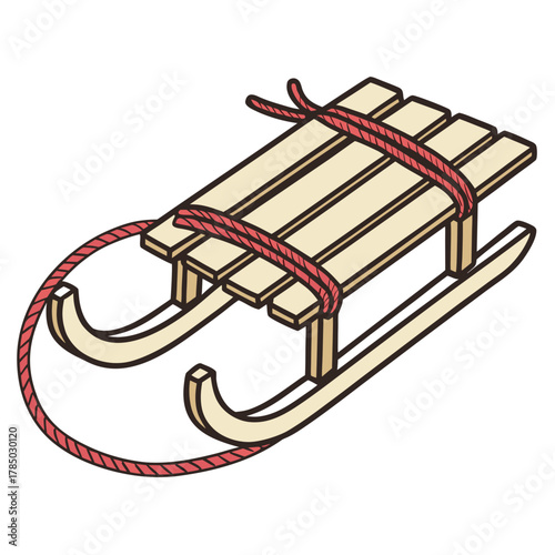 A wooden sled with a red rope for pulling