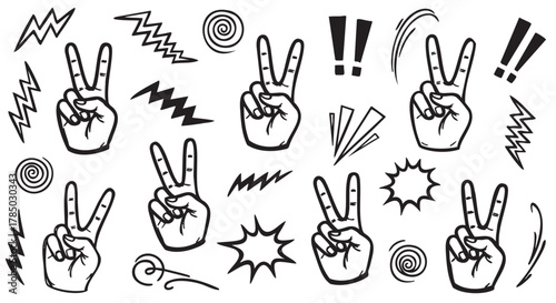 Hand-drawn vector icons of hands showing peace sign, surrounded by various dynamic symbols like exclamation marks, lightning bolts, and spirals.