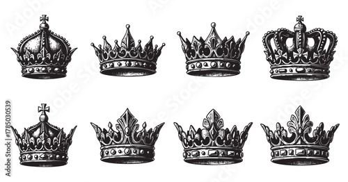 Intricate black and white illustrations of eight different styles of crowns, showcasing ornate and detailed designs with various shapes and decorative elements.