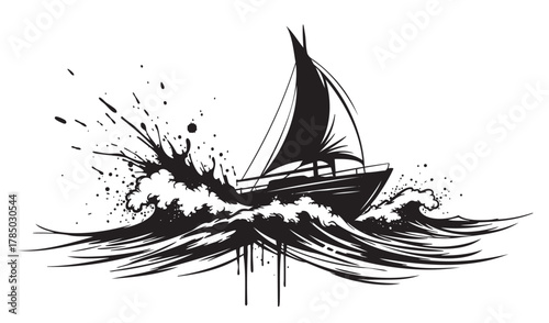 Black silhouette of a sailboat navigating through rough, splashy waves in a dynamic and artistic style.