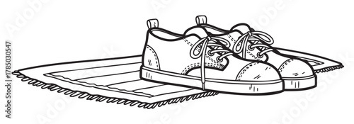 Black outline drawing of a pair of sneakers with laces, resting on a rectangular mat with fringed edges, showcasing a simple and clean design.