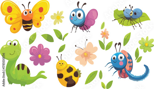 A funny cartoon insect set includes a cute vector illustration of a butterfly, ladybug, and bee on a floral spring pattern