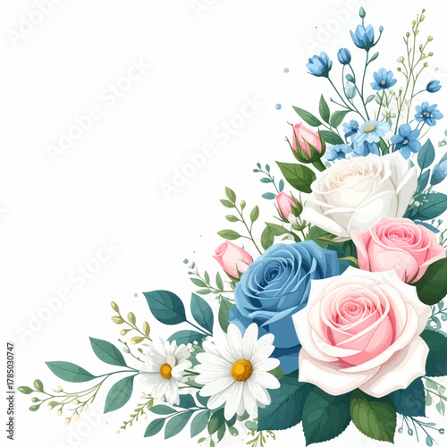 Blue and pink roses in lush floral corner. Sweet bouquet framing clean white space. Fresh rose mix with soft blue charms. Elegant florals blooming along corner. Garden corner of roses and daisies