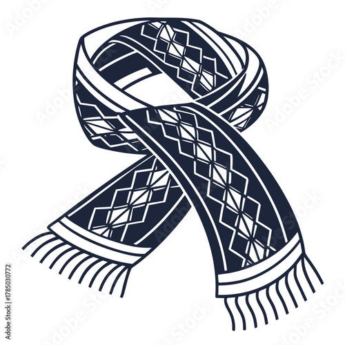 Illustration of a stylish navy blue scarf with white diamond pattern