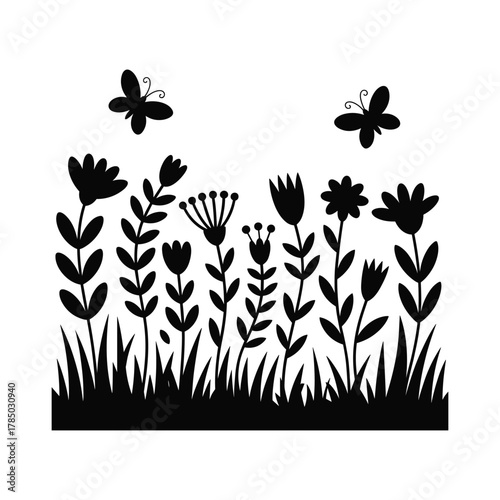 Charming silhouette of a wildflower meadow with butterflies fluttering above
