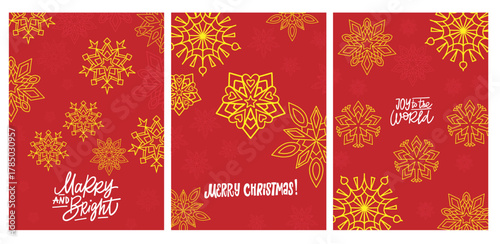 Set of 3 Christmas greeting cards with gold snowflakes, hand lettering quotes, and red backgrounds. Festive winter postcard collection for holiday wishes, invitations, posters, web