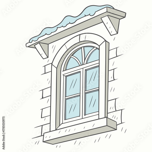 Illustration of a window with snow on the ledge, , in a cartoon style