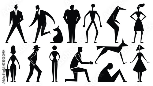 Silhouettes of various people walking and standing against a light background, creating a dynamic scene of movement..eps