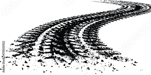 Black tire tracks isolated on white background. Black tire tracks on white, grunge texture, dirt splashes, vector background,